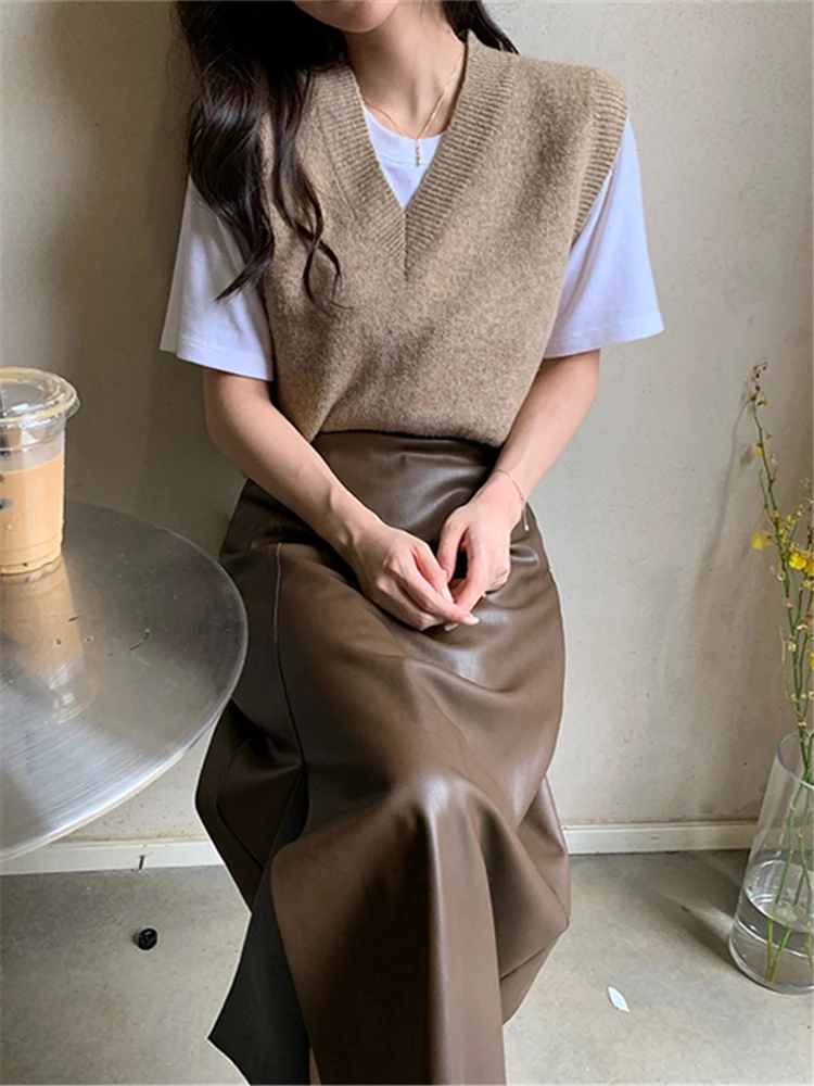 Женская длинная юбка-карандаш из ПУ кожи с высокой талией |