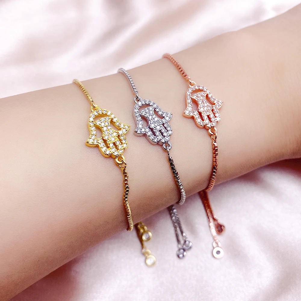 

JUWANG 2022 New Vintage Ethnic Turkish Fatima Hand Charm Bracelets For Women Men Pull Out Adjust Copper Chain Bracelet Jewelry