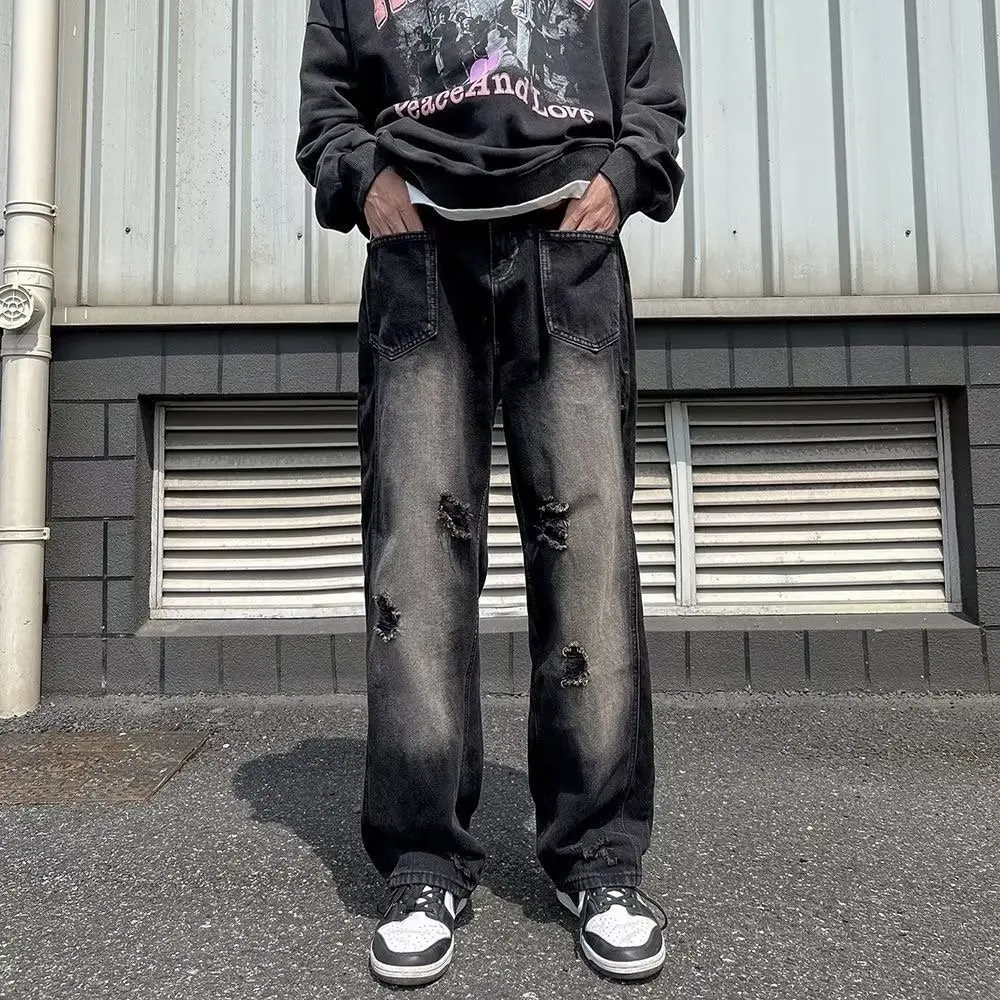 

Джинсы мужские винтажные свободные, уличная одежда, черные модные прямые брюки-цилиндры с узором, Осень-зима 2022
