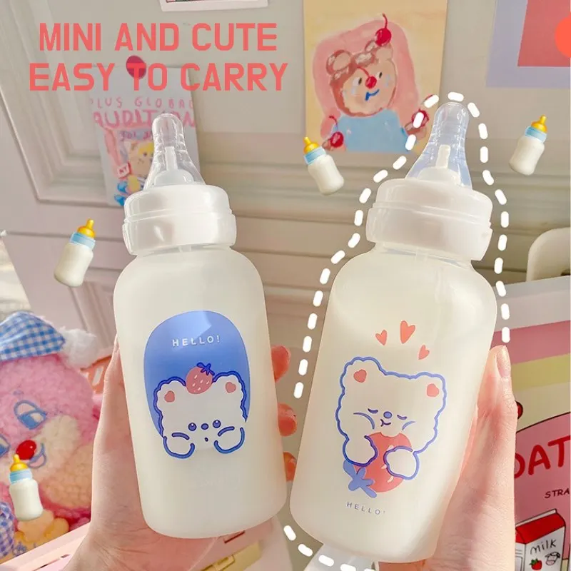 

Cute Cartoon Strawberry Bear Glass Pacifier Water Bottle Straw Cup For Adult Children Milk Frosted Bottle Baby Feeding Bottles