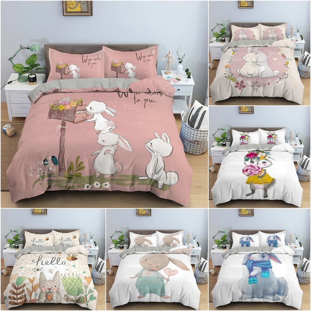 

3D Printed Cartoon Animal Rabbit Bedding Set Duvet Cover Bed Cover with Pillowcase Single Queen King Double 3pcs Suit