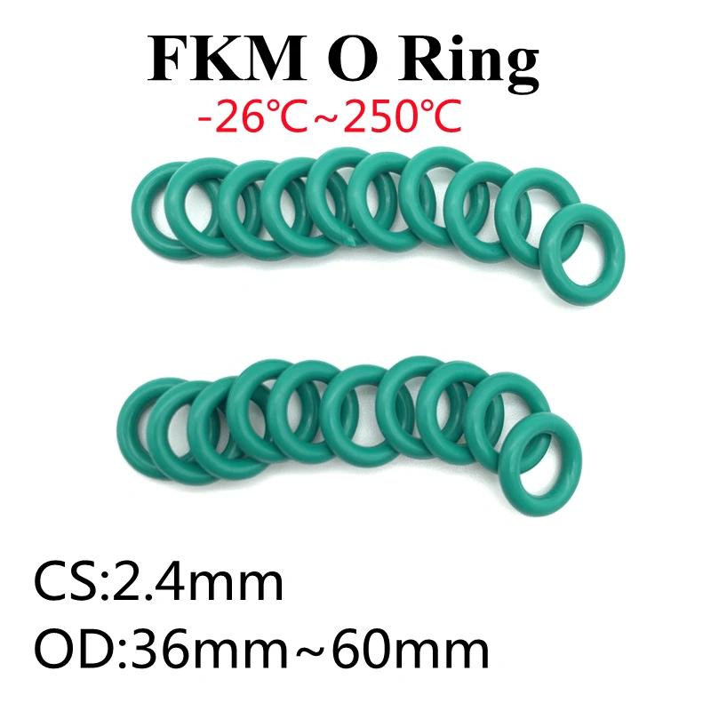 

50pcs Superior FKM Fluorine Rubber O Ring CS 2.4mm OD 36mm~60mm Sealing Gaskets Insulation Oil High Temperature Resistance Green