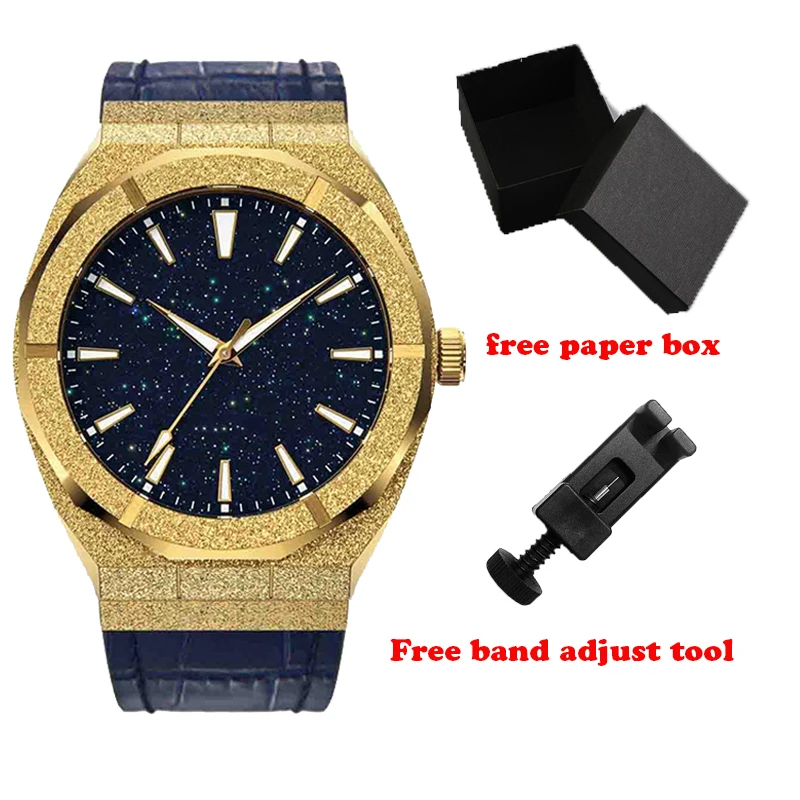 Luxury Japan Movement Dust Star Dial Stainless Steel Frosted Bling Gold Men Quartz Watch