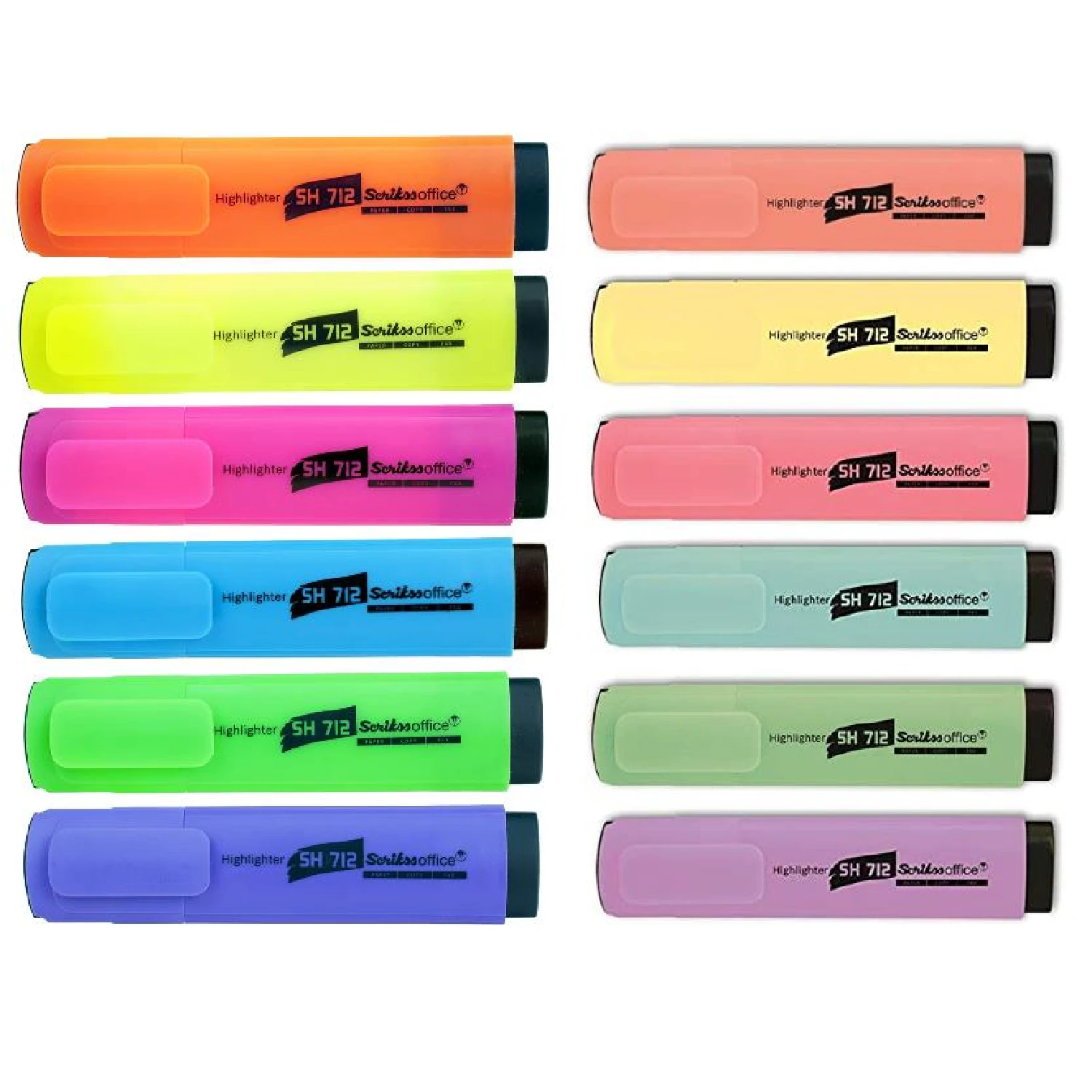 Scrikss Office Sh712 Highlighter Pastel Pen Pack of 12 Assorted Colors- Office School Stationery High Quality Turkish Brand