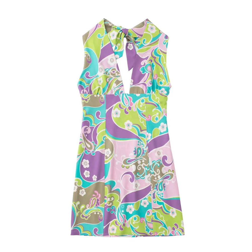 

PB&ZA 2022 Summer New Women's Clothing Printed Short Lace-Up Halter Collar Backless Sexy Fashion Dress 3375443