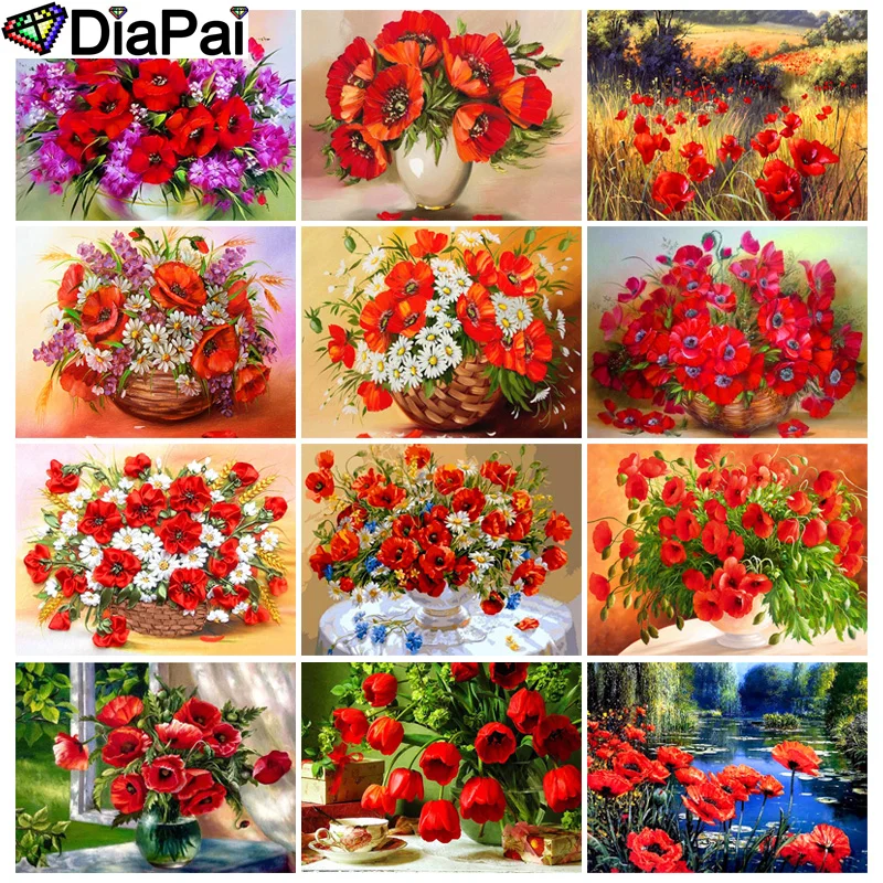 

DIAPAI 5D Diamond Pattern Rhinestone Needlework Diy Diamond Painting Cross Stitch "Poppy Chrysanthemum" Diamond Embroidery