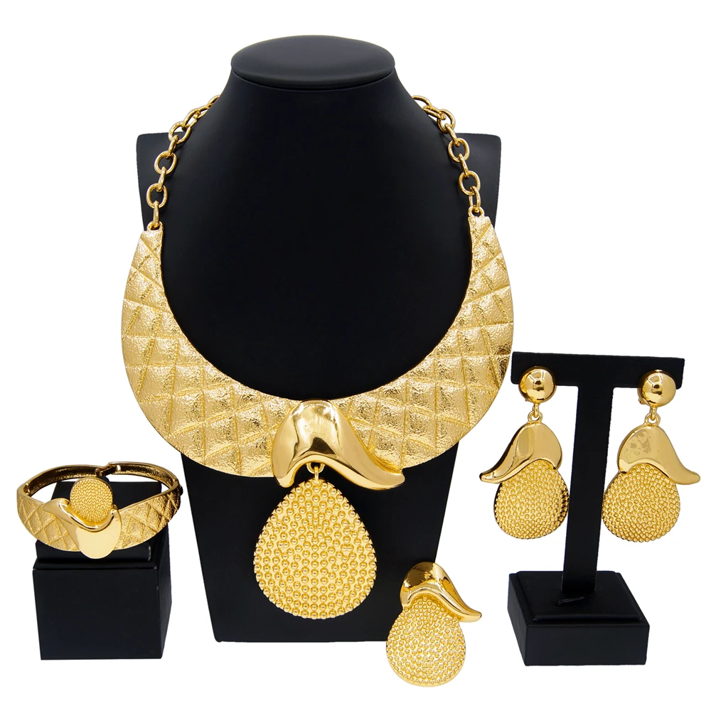 Jewelry Sets For Women Plating Gold Color Large Pendant Necklace Earring Bracelet Everyday Wear Nigerian Style Design