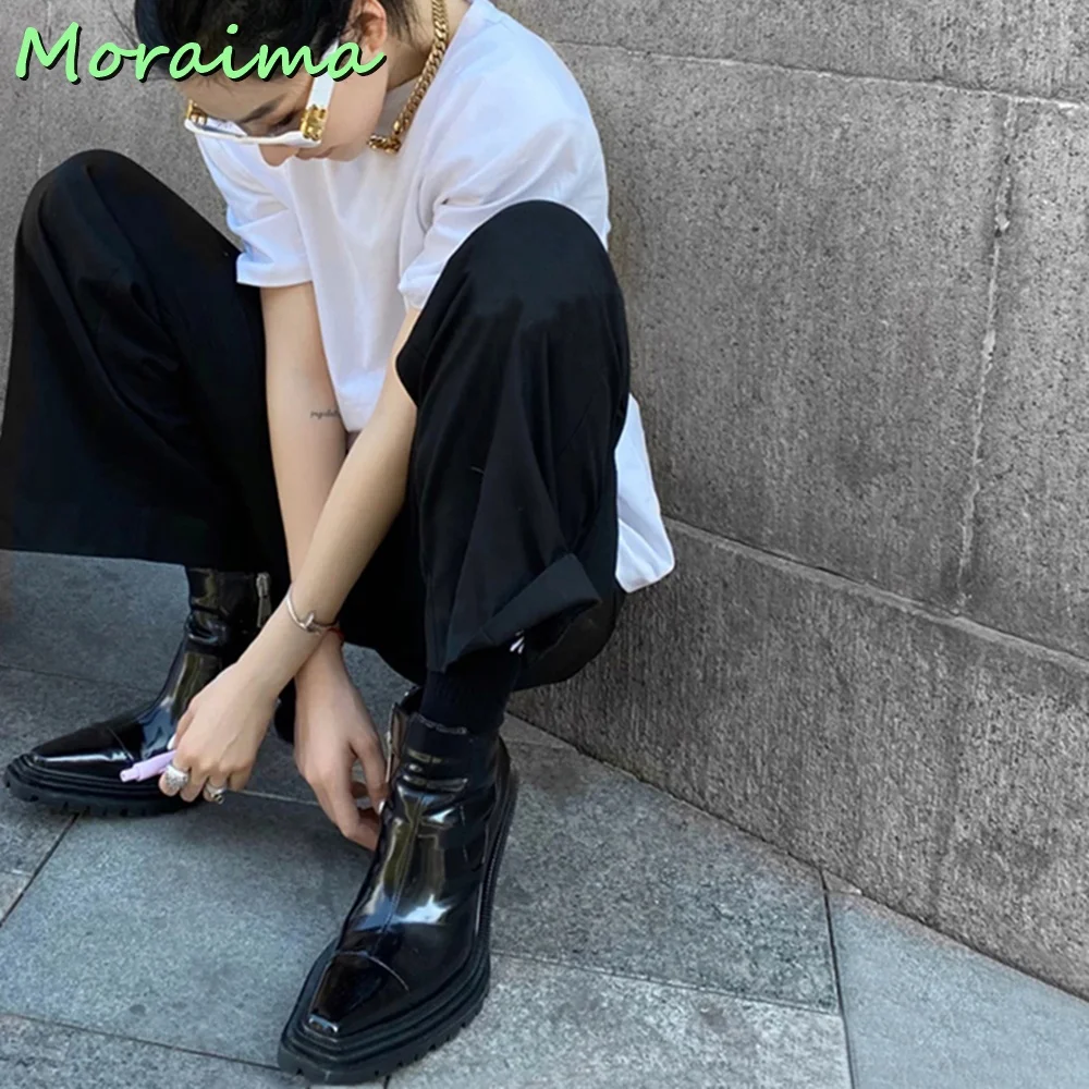 Pointed Toe Strange Heel Ankle Boots Side Zipper Black Solid Leather British Style Motorcycle Boots Women Shoes Fashion Casual