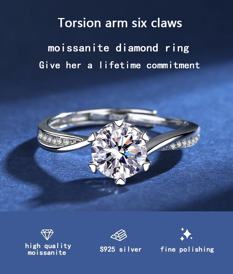

100% Genuine Moissanite Adjustable Open Ring Six Prong Setting D Color Moissanite Ring Wedding Party Engagement Custom Jewelry