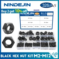 nindejin 326pcs metric black hex nuts assortment kit m2 m12 carbon steel hexagon nut set for screws bolts din934