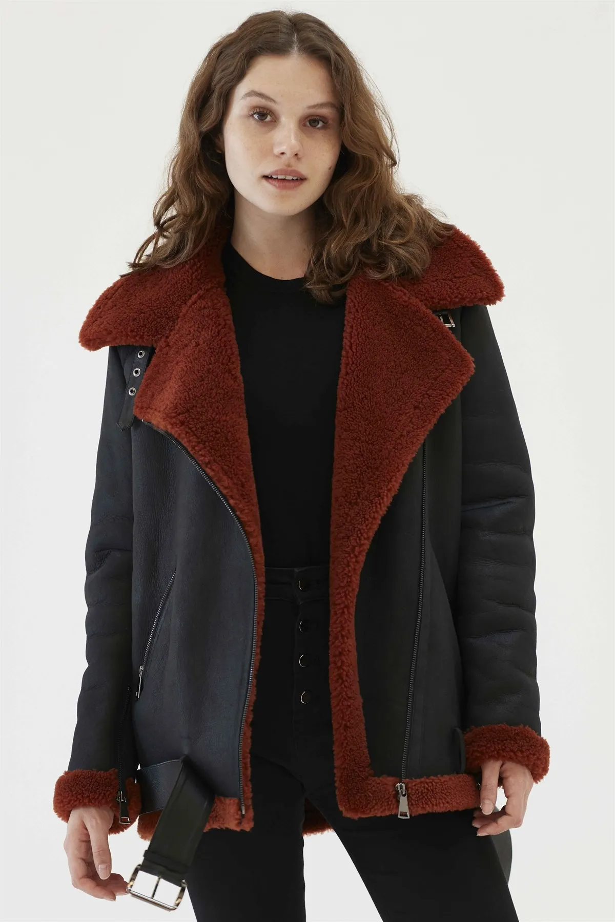 Women's Oversize Black Tile Fur Leather Jacket Genuine Lambskin Winter Coats Keep Warm New Season Fashion Products Casual Wear