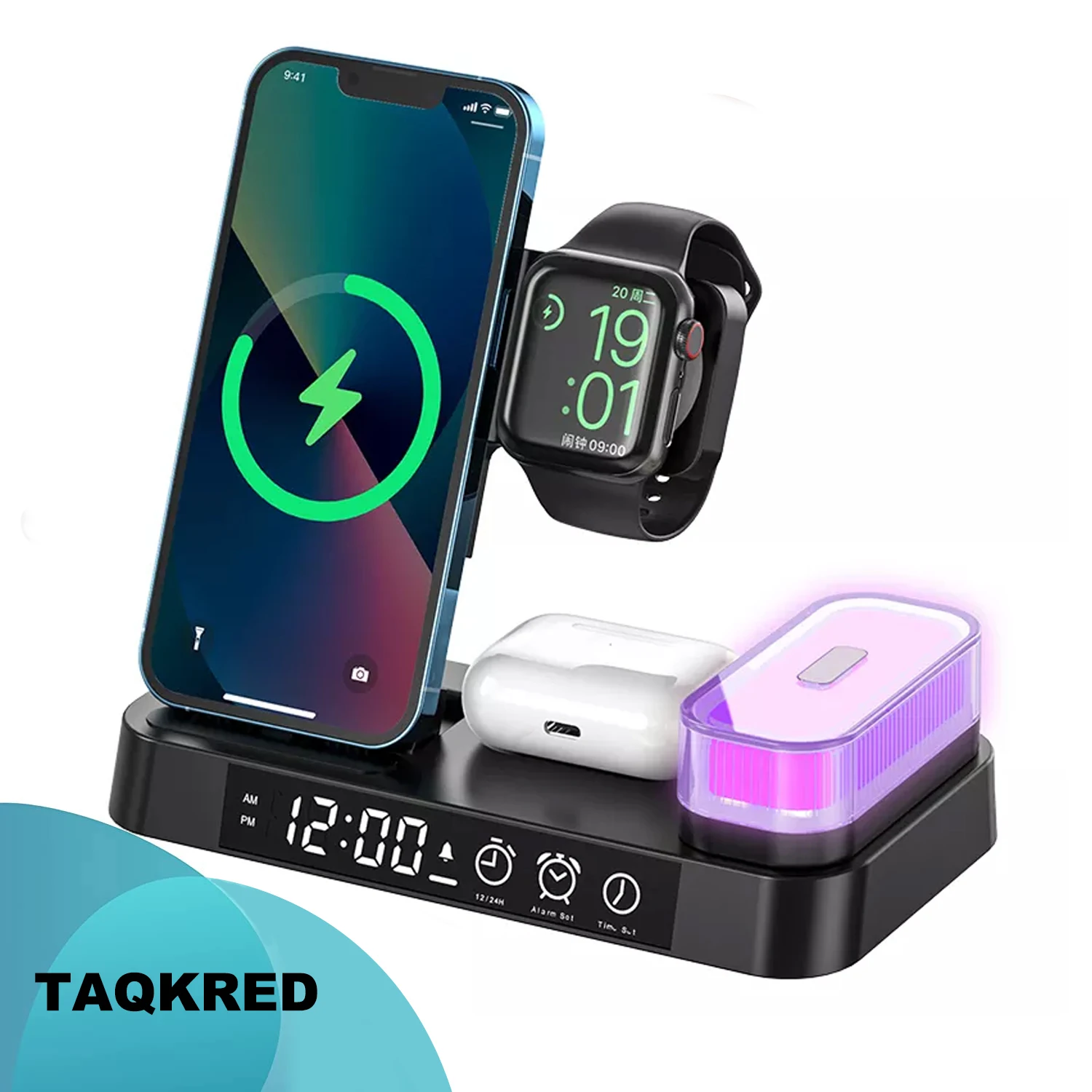 3 In 1 Wireless Charger Stand With RGB LED Clock For Mobile Phone 13 12 Pro iWatch  30W QI Wireless Fast Charging Dock Station