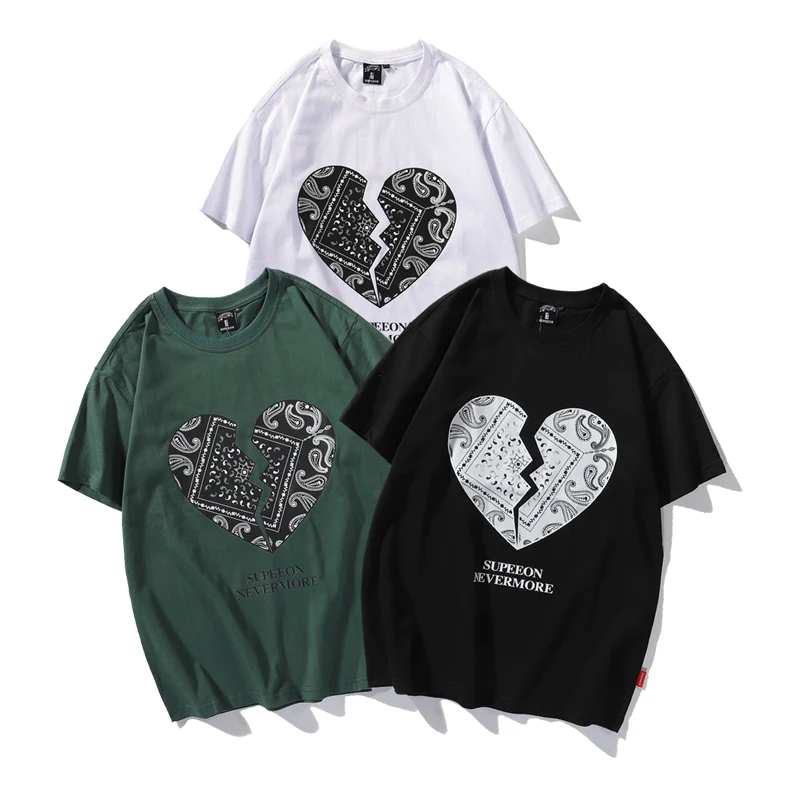 

Tear Heart Cashew Flower Print T Shirt 100% Cotton Short Sleeved Black White Green Oversize