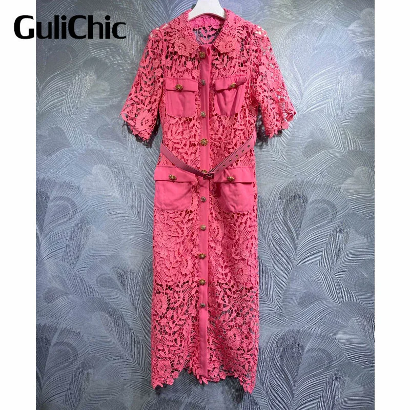 4.1 GuliChic Women Elegant Temperamnt Solid Color Single Breasted Short Sleeve With Belt Slim Lace Hollow Out Midi Dress
