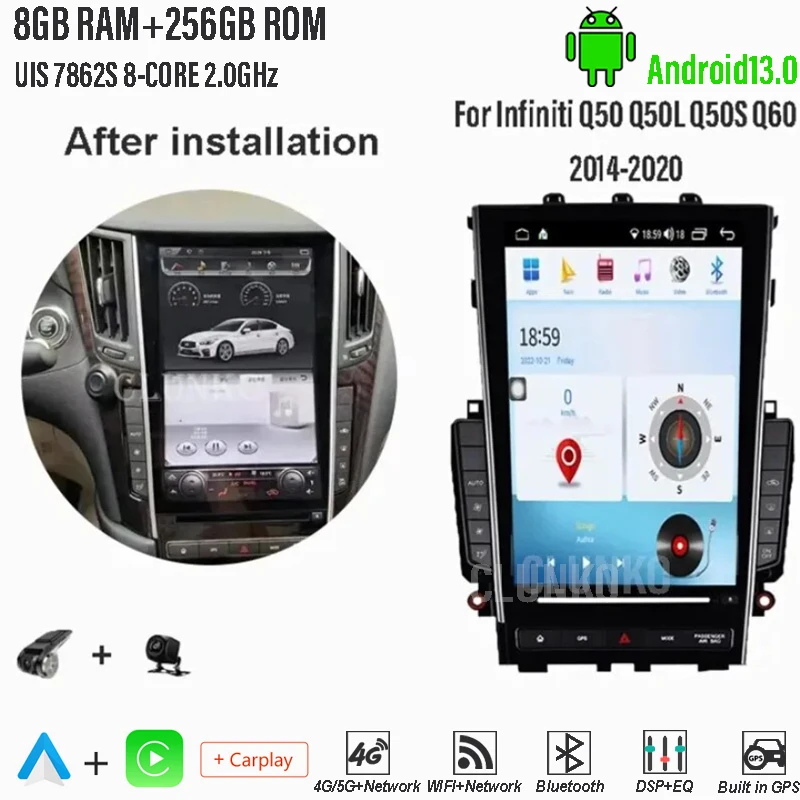 

Clunko For Infiniti Q50 Q50L Q50S Q60 2014- 2020 Android Car Radio Stereo Tesla Screen Multimedia Player Carplay Auto 8G+256G 4G