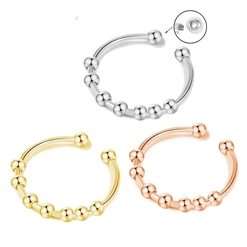 

Stainless Steel DIY Beads Spinner Fidget Ring Anillos Fashion Rotate Freely Anti Stress Anxiety Ring For Women Adjustable Size
