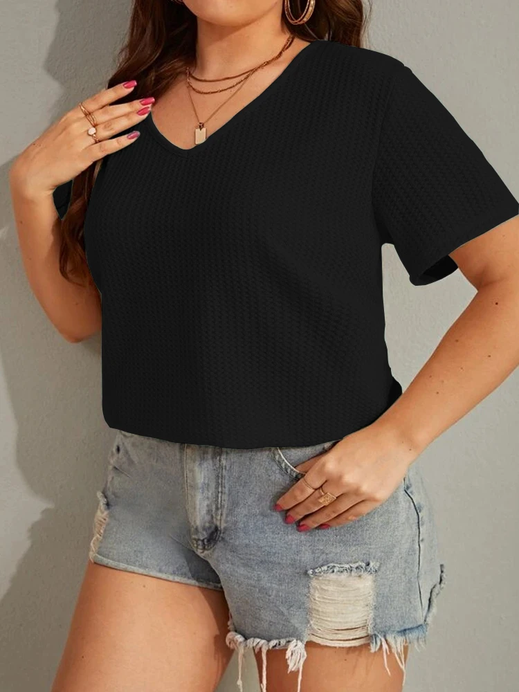 Plus Size Waffle Knit T-Shirts Fashion Women 4xl Solid Tee Large Size Blouse 2022 V Neck Loose Casual Oversized Ladies Top