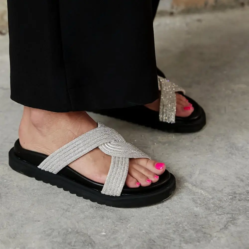 Rilla Interior Quality Artificial Leather Exterior Stony Material Thick Flat Sole Slippers Black Green White Stylish Summer Indo