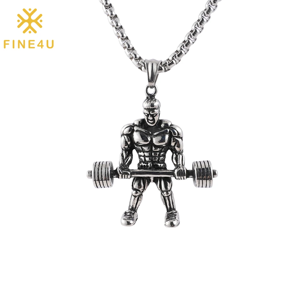 Ожерелье с подвеской в виде гантели из нержавеющей стали FINE4U с 60 см цепью для мужчин