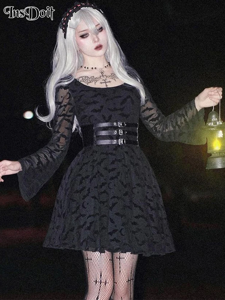 

InsDoit Gothic See Through Bat Printed Dress Flare Sleeve Black Pleated Street Nightclub Partywear Sexy Elegant Dress Halloween