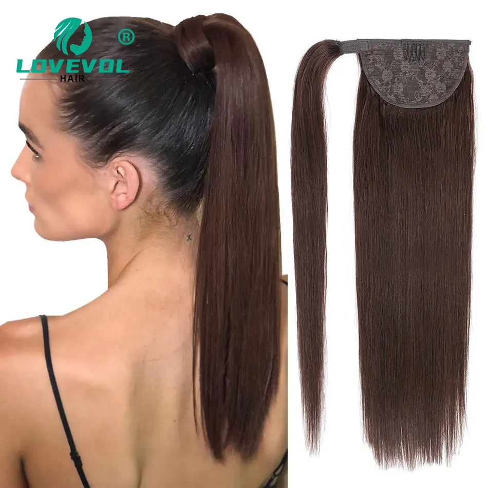 Lovevol 160 Grams Clip in Ponytail Extensions Human Hair Straight Wrap Around Remy Hair Long Ponytail 24 Inch Chocolate Brown