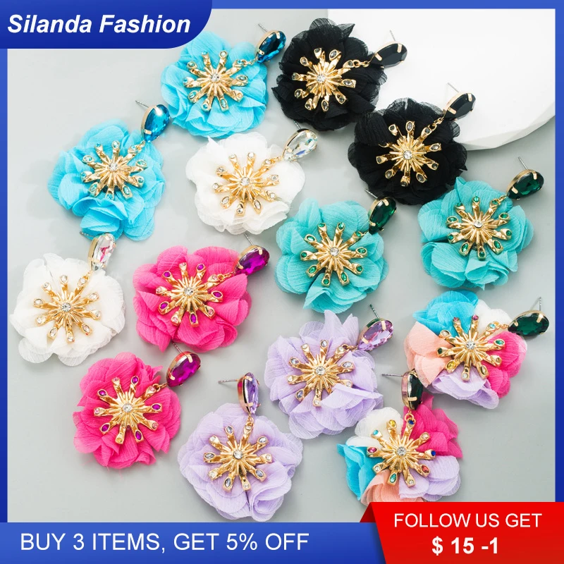 

Silanda Fashion Ins Women's Fabric Eardrops Glossy Rhinestone Floral Drop Earrings Trendy Girl's Party Gift Big Ear Danglers