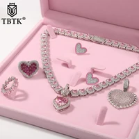 TBTK Pink Heart Jewelry Set Full Iced Cubic Zirconia Heart Collections Earrings Ring Pendant Necklace Engagement Women Jewelry
