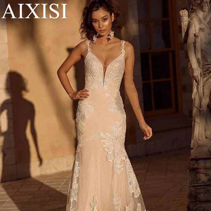 

Aixisi Elegant Wedding Dress Robe De Mariée Appliques Bride Gown Spaghetti Strap V Neck Sleeveless Backless Mermaid For Woman