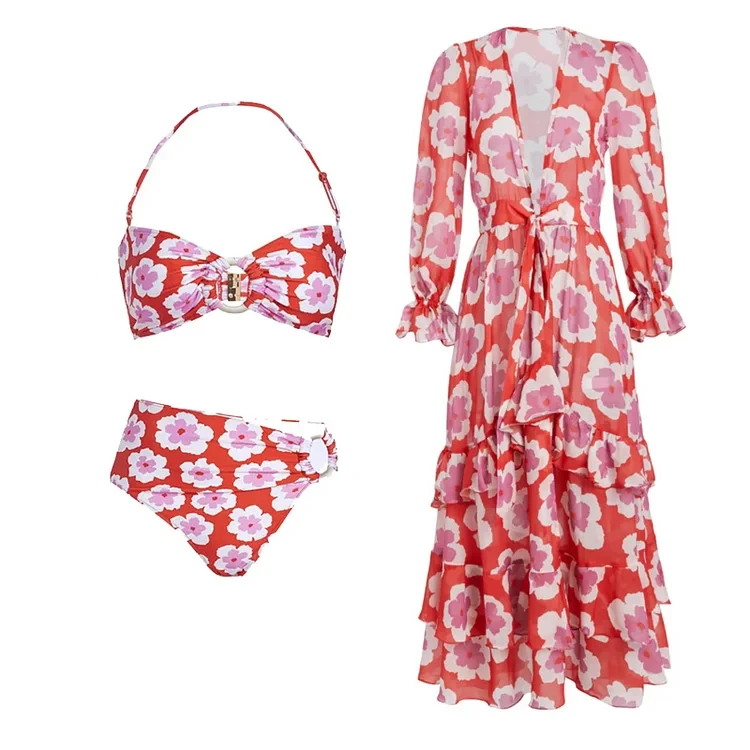 

2023 New Sexy Sling O Ring Printed Bikini Swimsuit and Cover Up Women Swimwear Beachwear Summer Luxury Monokini Bathing Suit