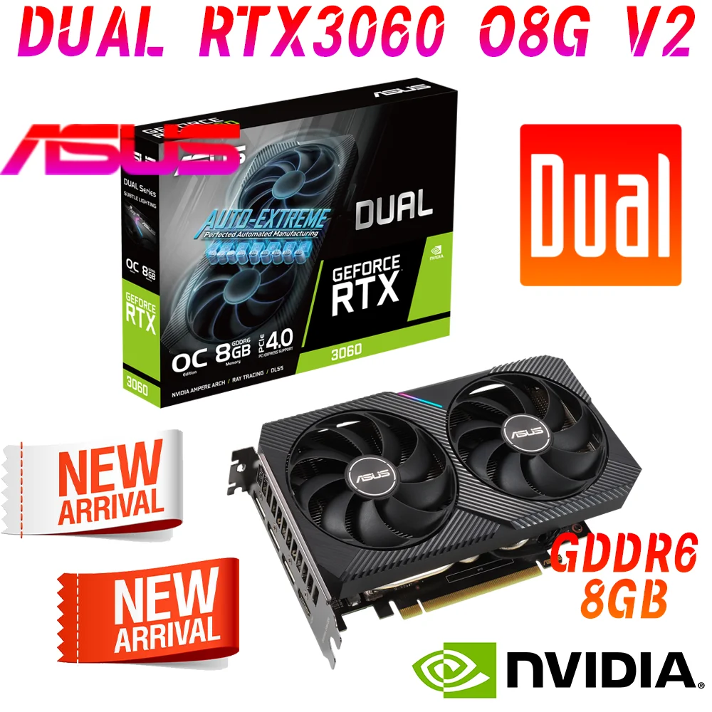 

Видеокарта ASUS DUAL RTX 3060 O8G V2 GDDR6 8 ГБ, графическая карта GPU 1852 бит NVIDIA RTX3060 PCIE4.0 OC режим МГц 8 контактов