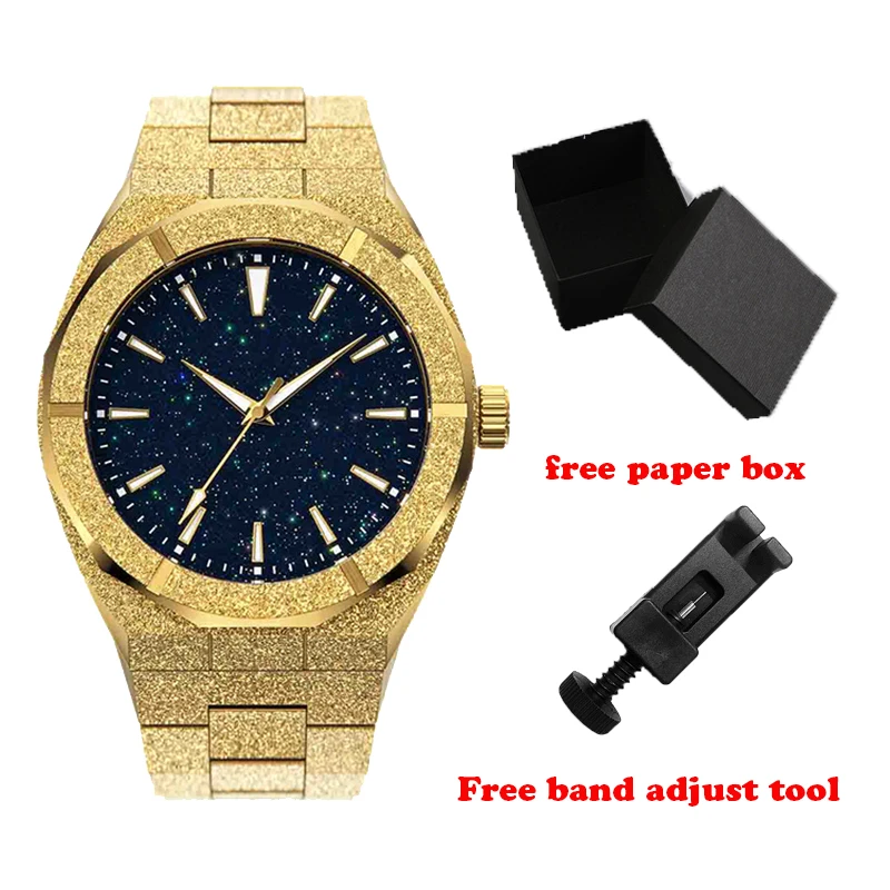 Luxury Brand Gold Stainless Steel Water Resistant Star Dust Dial Men Watches