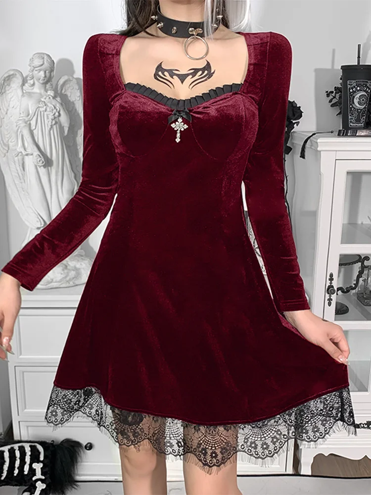 Женское бархатное платье с длинным рукавом высокой талией
