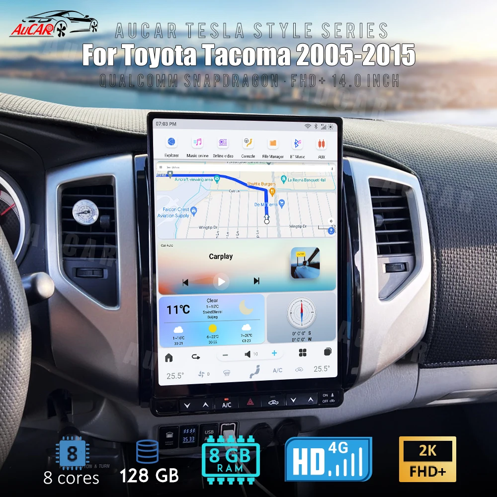 AuCar 14 0 ''новейший экран Tesla Android 13 CarPlay DVD-плеер GPS-навигация для Toyota Tacoma 2005-2015