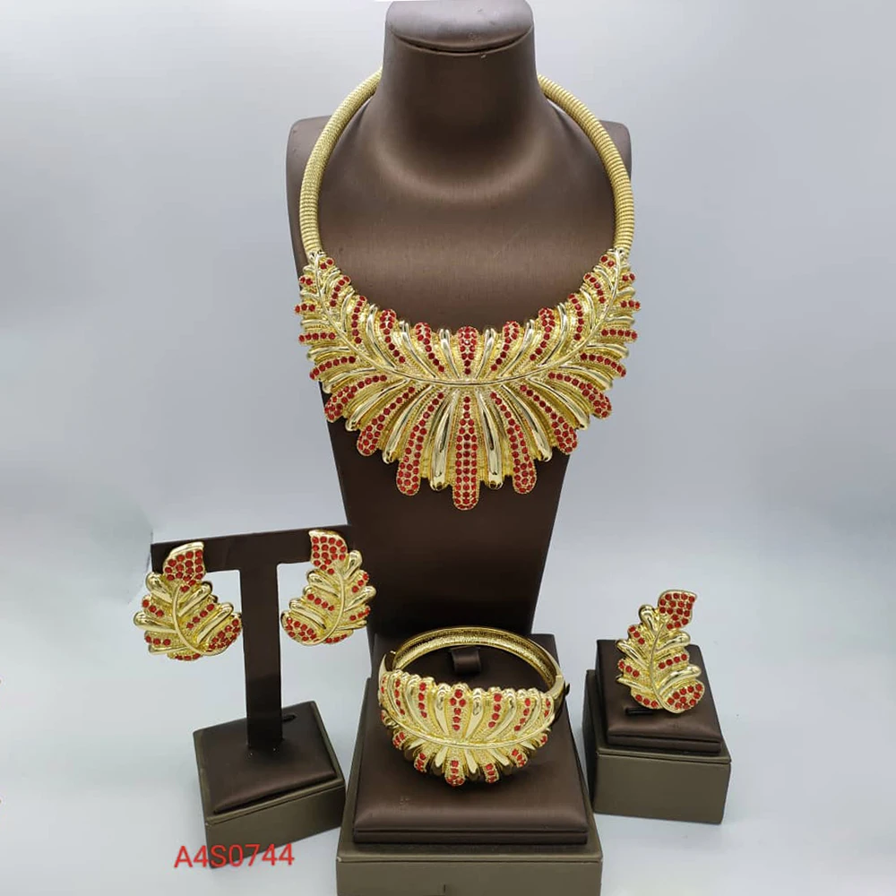 

Luxury Weddings Jewelry Set for Women Crystal Stone Design Necklace and Earrings with Bangle Ring for Engagement Party Gifts