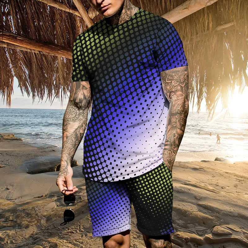 

3d Short -sleeved Gradient Printed Set 2022 Summer Men's Street Sports Fitness Fashion T -shirts Beach Pants Two -piece
