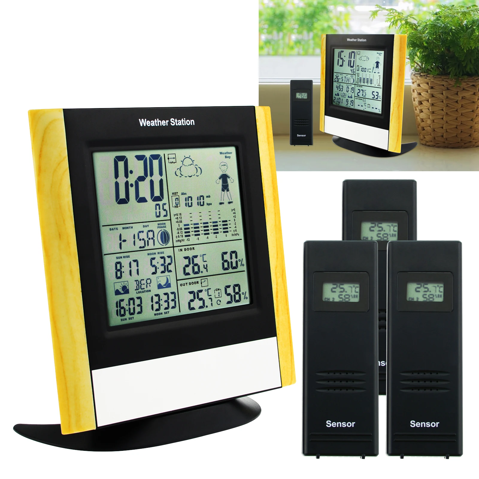 W/ 3 Sensors Indoor / Outdoor Humidity Thermometer Temperatu