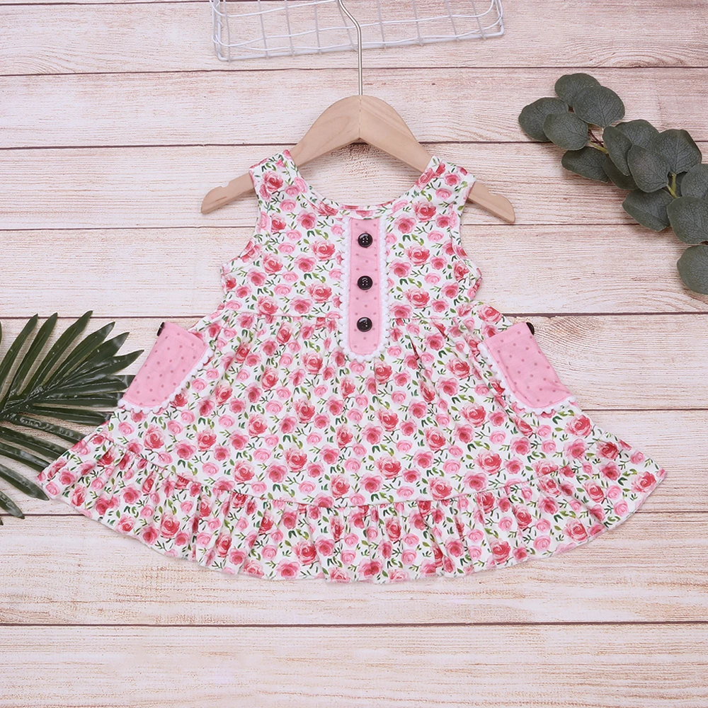 

Baby Girl Clothes Cotton Dress Summer New Style Cute Pink Pocket One Piece Beautiful Flower Patterns Pink Dress For Girls