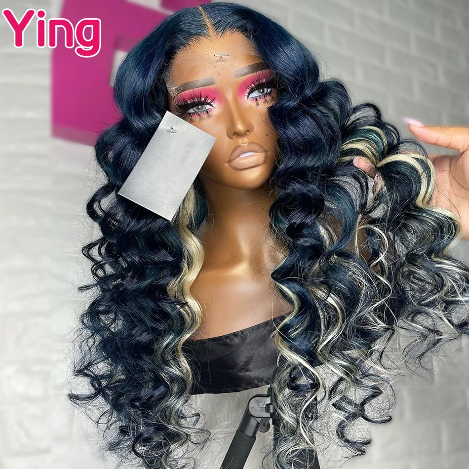 Dark Blue with 613 Blonde Loose Wave Human Hair Wigs 13x4 13X6 Lace Frontal Wigs Brazilian Loose Curly Lace Front Wigs for Women