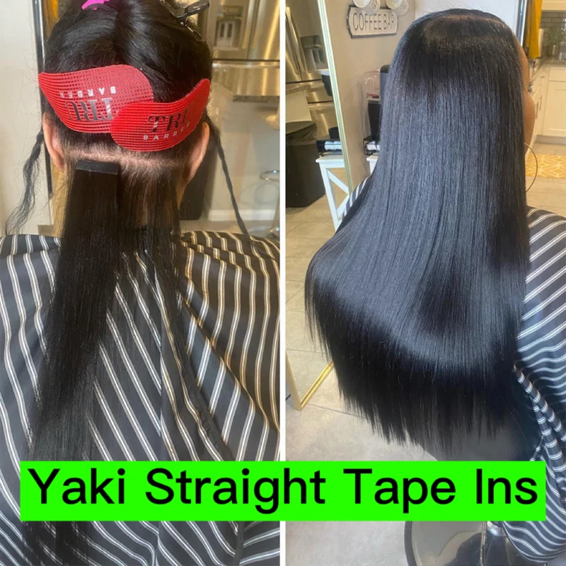 Fita em extensões retas de yaki da luz do cabelo humano para mulheres negras meninas 100% cabelo virgem fita brasileira ins adesivo microlinks