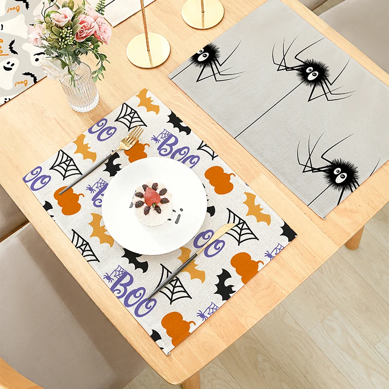 

Happy Halloween Witch Series Witch Hat Black Cat Pumpkins Decorative Placemats for Dining Table Kitchen Linen 32x42cm