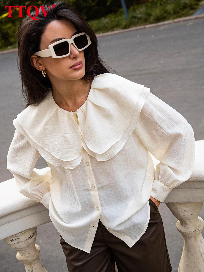 

TTQV Elegant Beige Peter Pan Collar Women's Blouse 2023 Casual Long Sleeve Solid Shirts Fashion Single-breasted Shirt Streetwear