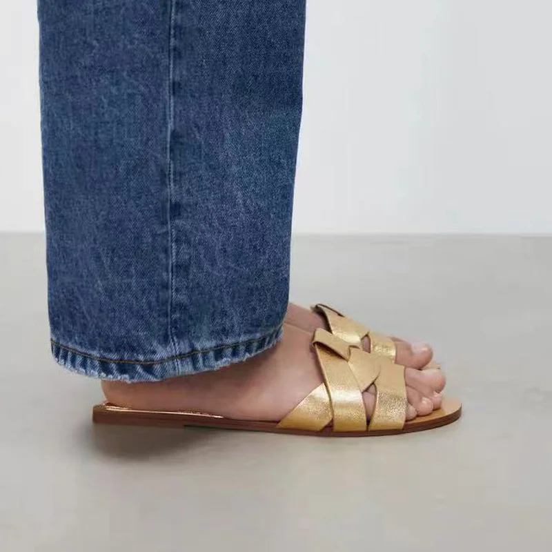 TRAF Summer Women's Flat Slippers Sandals Shoes For Woman Open Toe Rear Empty Beach Shoes Luxury Designer Shoes 2022 Flat Sandal