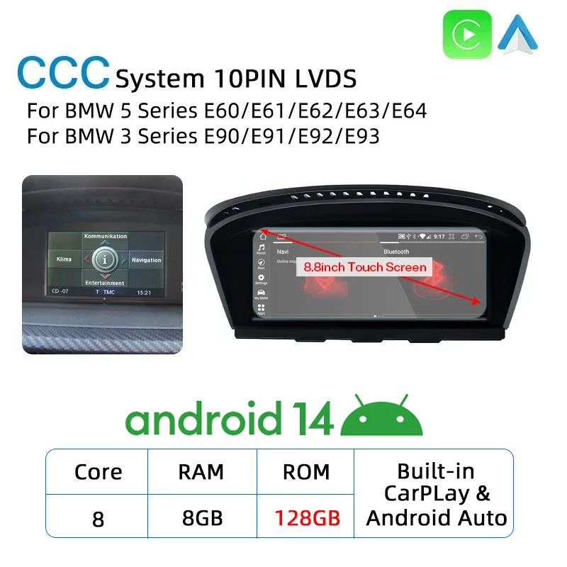 

Новый беспроводной экран Android 14 с CarPlay для BMW E60 E61 E62 E63 E90 E91 E92 2005-2012, мультимедийный проигрыватель, GPS-навигация, радио.