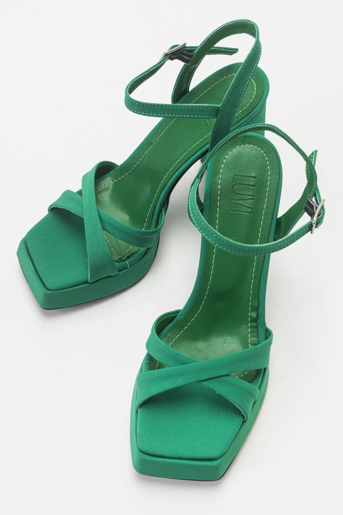 

Green Satin Women's Heeled Shoes Platform Super High Heel Sandals 2022 Summer New Square Toe Sexy Sandalias Scarpe Donna Femme