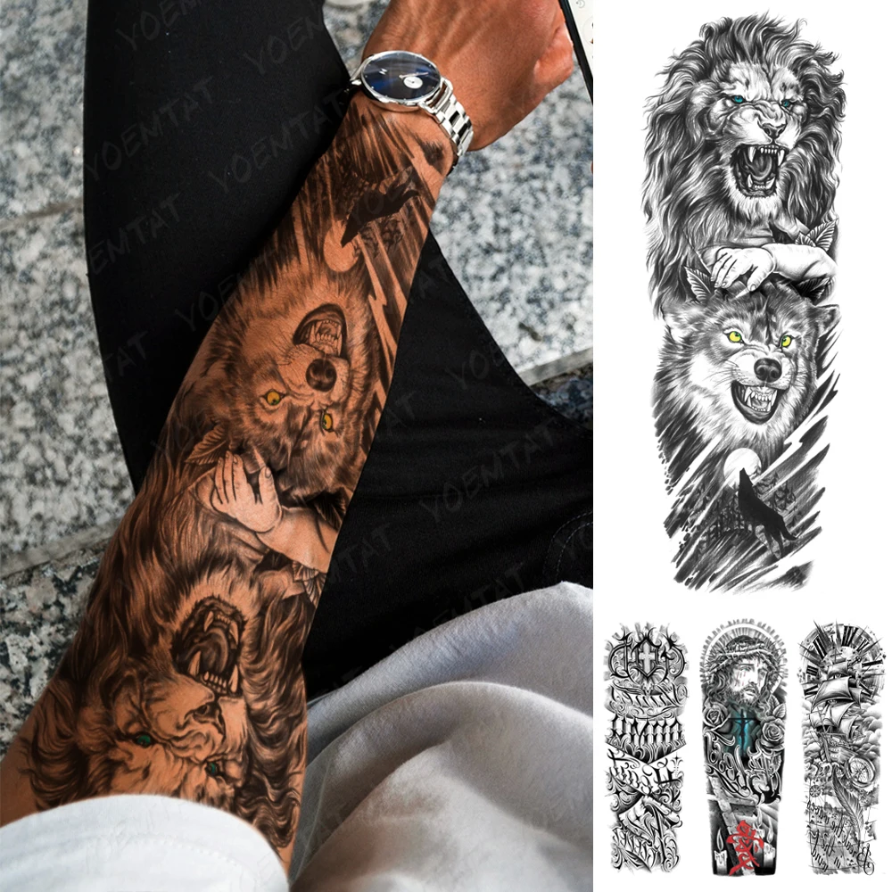 

Full Large Arm Sleeve Tattoo Waterproof Temporary Tattoos Sticker Wolf Lion Moon Forest Men Baby Arm Body Art Fake Tatoo Women