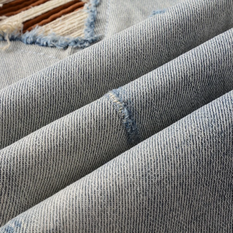 Men's Distressed Denim Pants Streetwear Fashion Slim Fit Hollow Out Damaged Holes Letters Pattern Printed Skinny Stretch Jeans