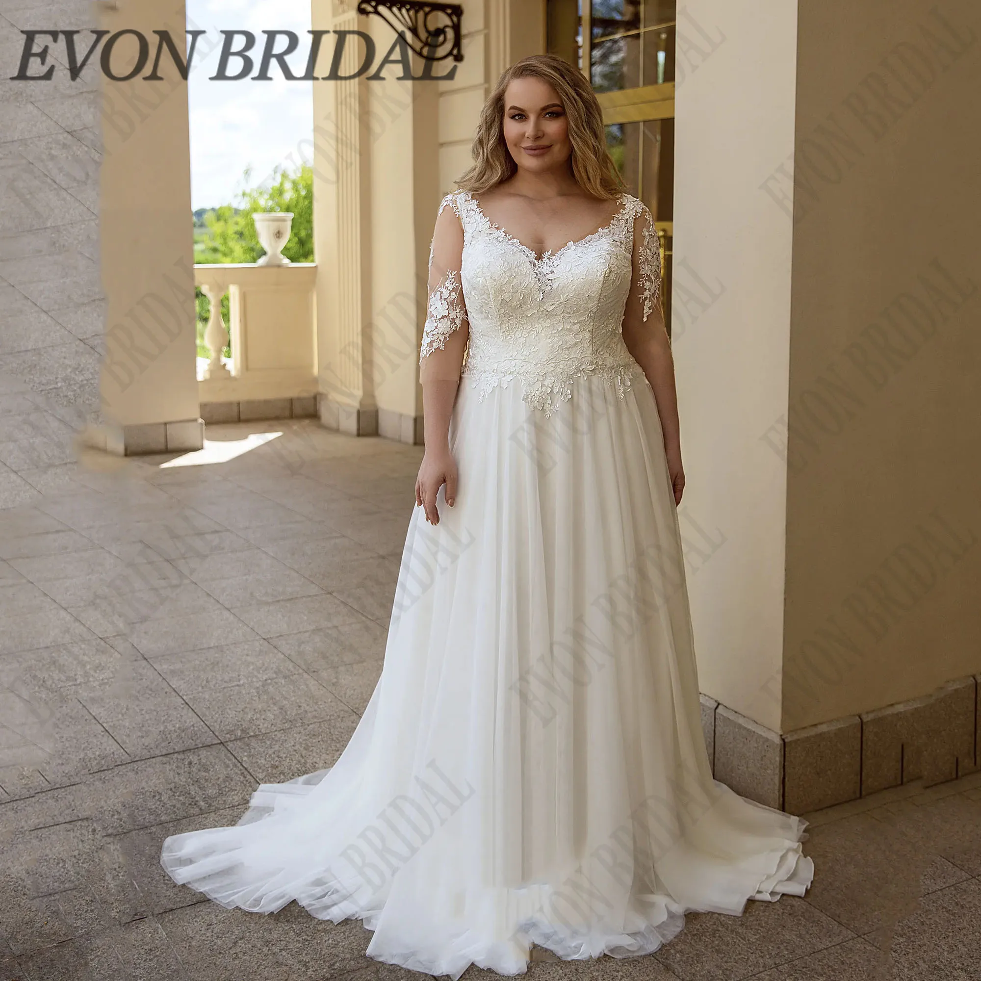 Фото EVON BRIDAL Элегантное кружевное свадебное платье Tendernes с аппликацией из тюля с короткими рукавами и v-образным вырезом, большие размеры, трапециевидное платье Vestidos De Novia по индивидуальному заказу №1