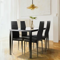 5 Pieces Dining Table Chair Set for 4 Include 1 Tempered Glass Desktop Dining Table + 4 High Backrest Faux Leather Chairs Black