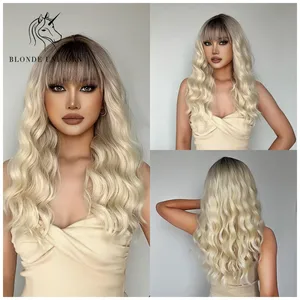 BLONDE UNICORN Long Wavy Synthetic Hair Wigs Ombre Brown Blond with Bangs For Black White Women Heat Resistant Fiber Daily Wig