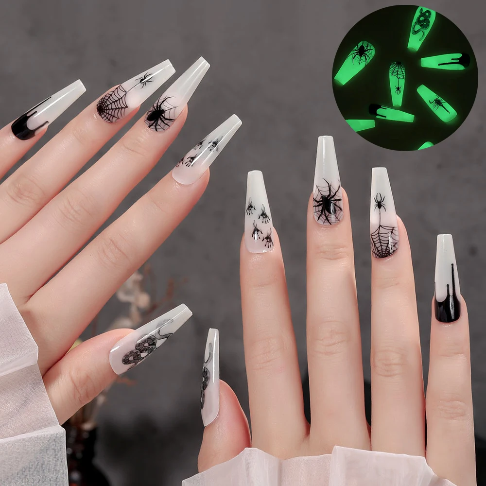 CNHIDS 24Pcs/Box Beauty Manicure Tools False Nails With Spider Design Luminous DIY Press On Nails Tips Birthday Gifts